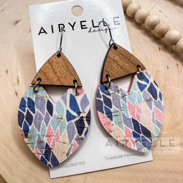 Abstract Mermaid Triangle Cork + Leather Wood Earrings