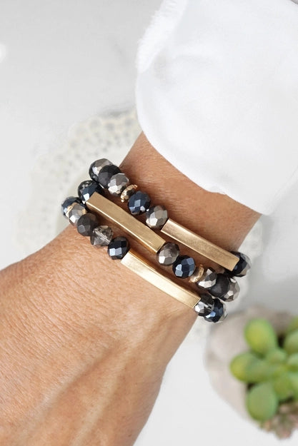 Beaded Bracelets Set in Black Glass Beads and Gold Tubes