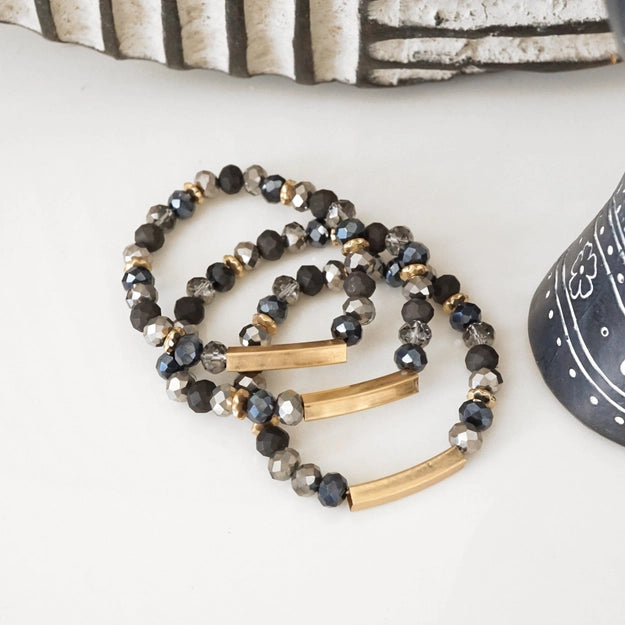 Beaded Bracelets Set in Black Glass Beads and Gold Tubes