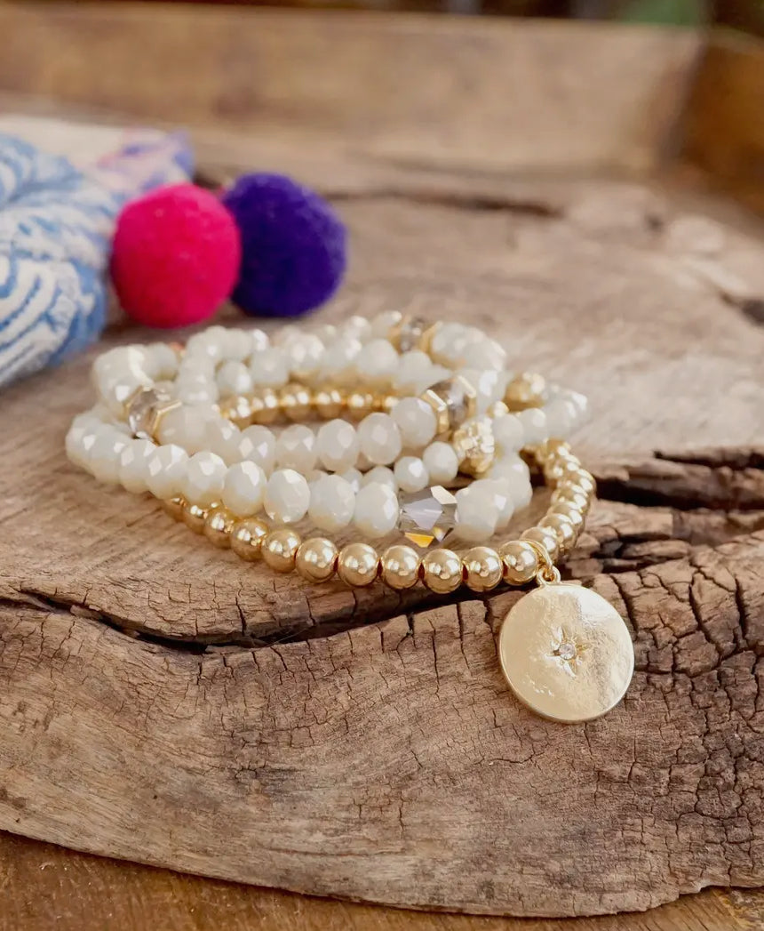 Beaded Bracelets Set Gold Coin Sparkly Ivory Off White Glass Metal Beads