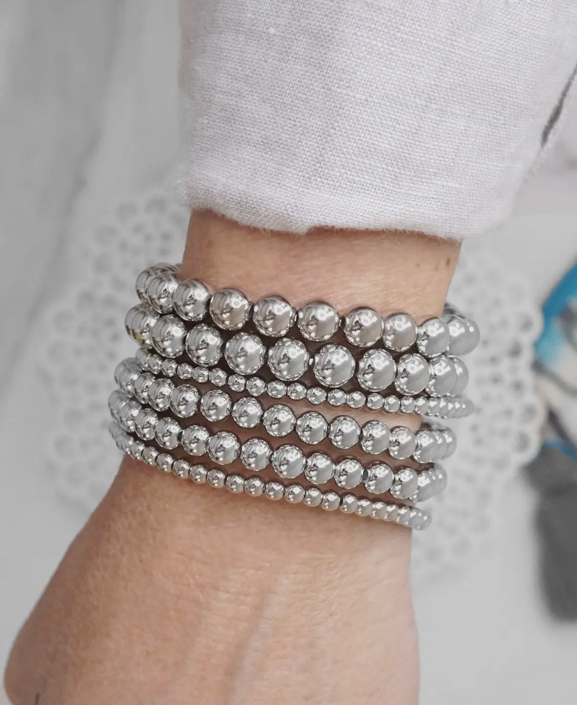 Multi Size Ball Beaded Bracelet Stack (gold or silver)