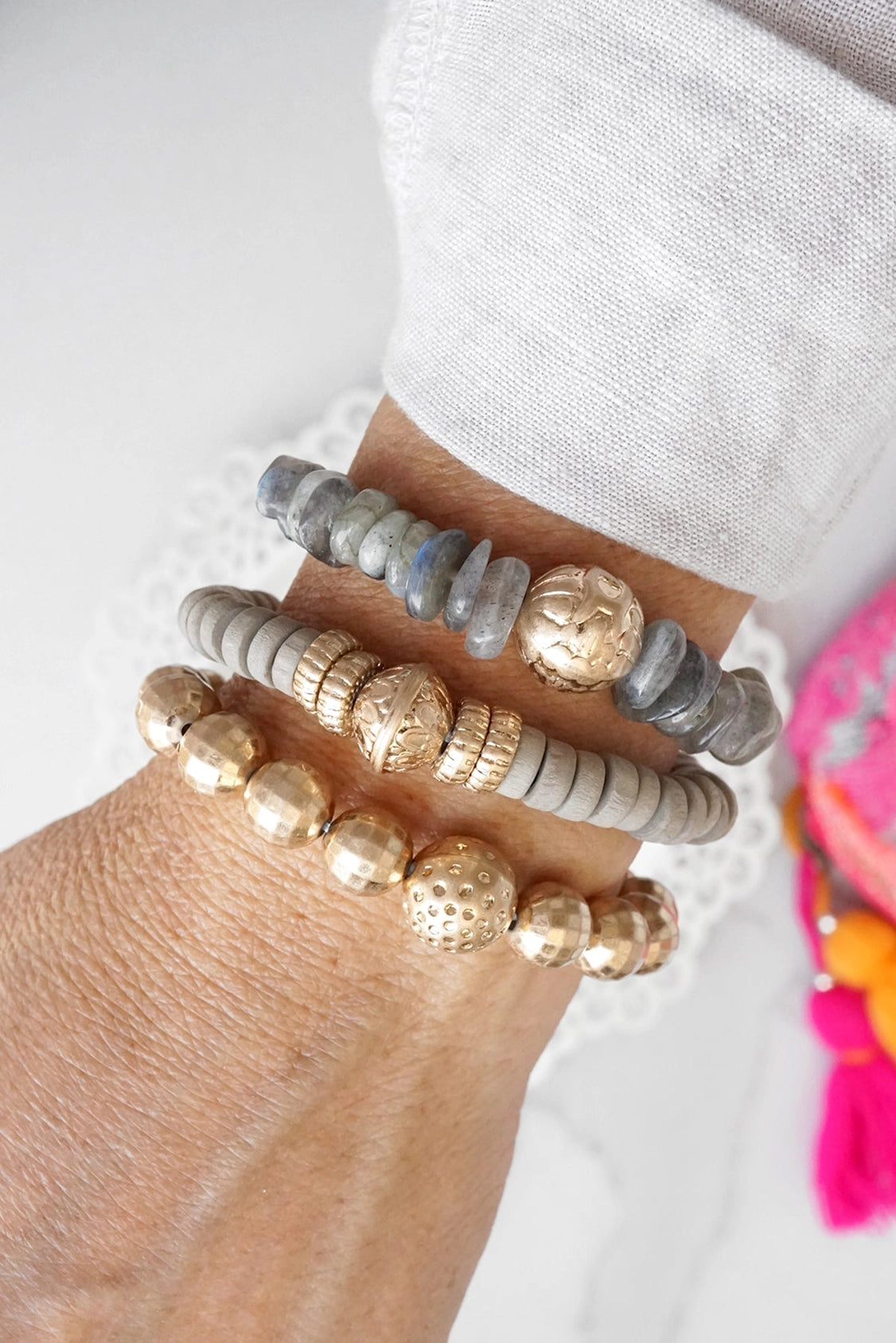 Boho Beads Bracelets Set of 3 with Semi Precious Labradorite
