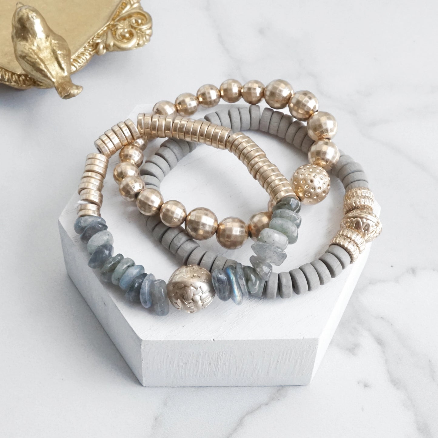 Boho Beads Bracelets Set of 3 with Semi Precious Labradorite