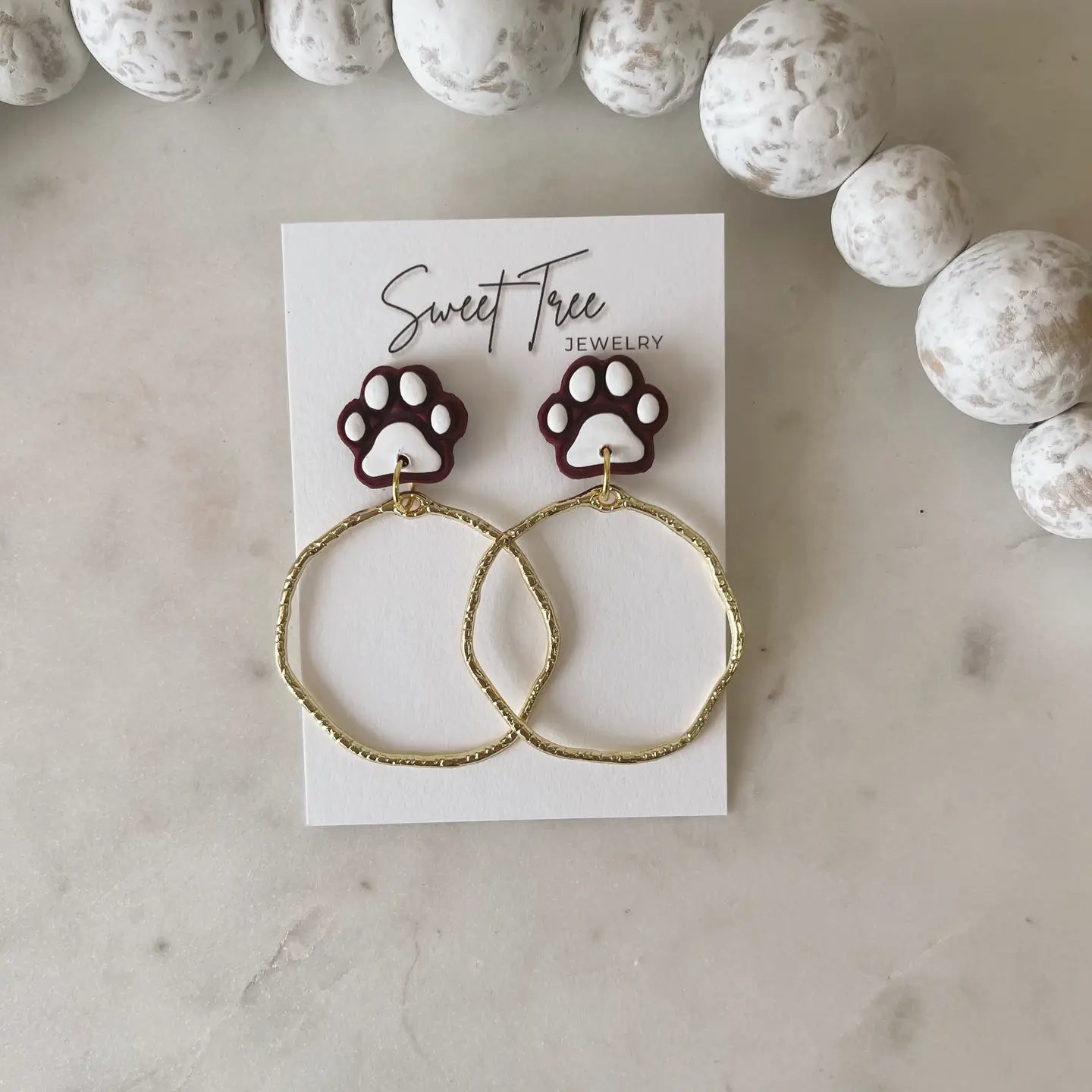 Maroon & White Paw Print Dangle Earrings (Gold)