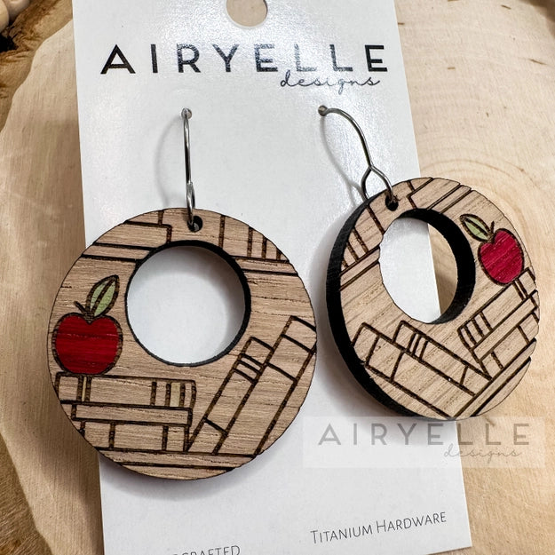 Teacher Apple White Oak Hoop Earrings