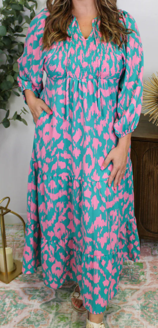 Pink & Teal Abstract Print Dress