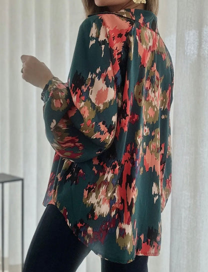 Painterly V-Neck Bubble Sleeve Top