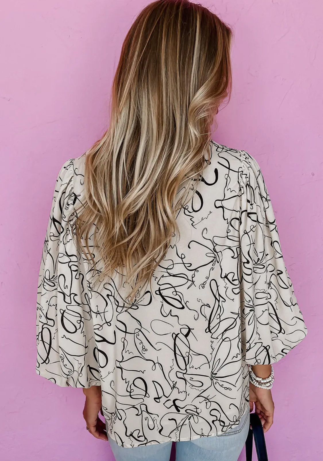 Abstract Print Balloon Sleeve Crew Neck Blouse