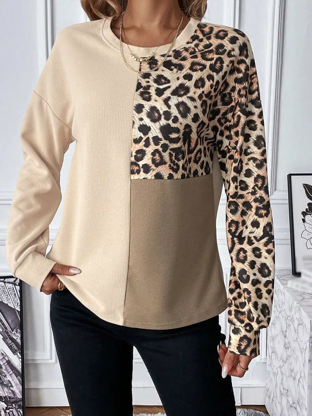 Pale Khaki Leopard Colorblock Blouse